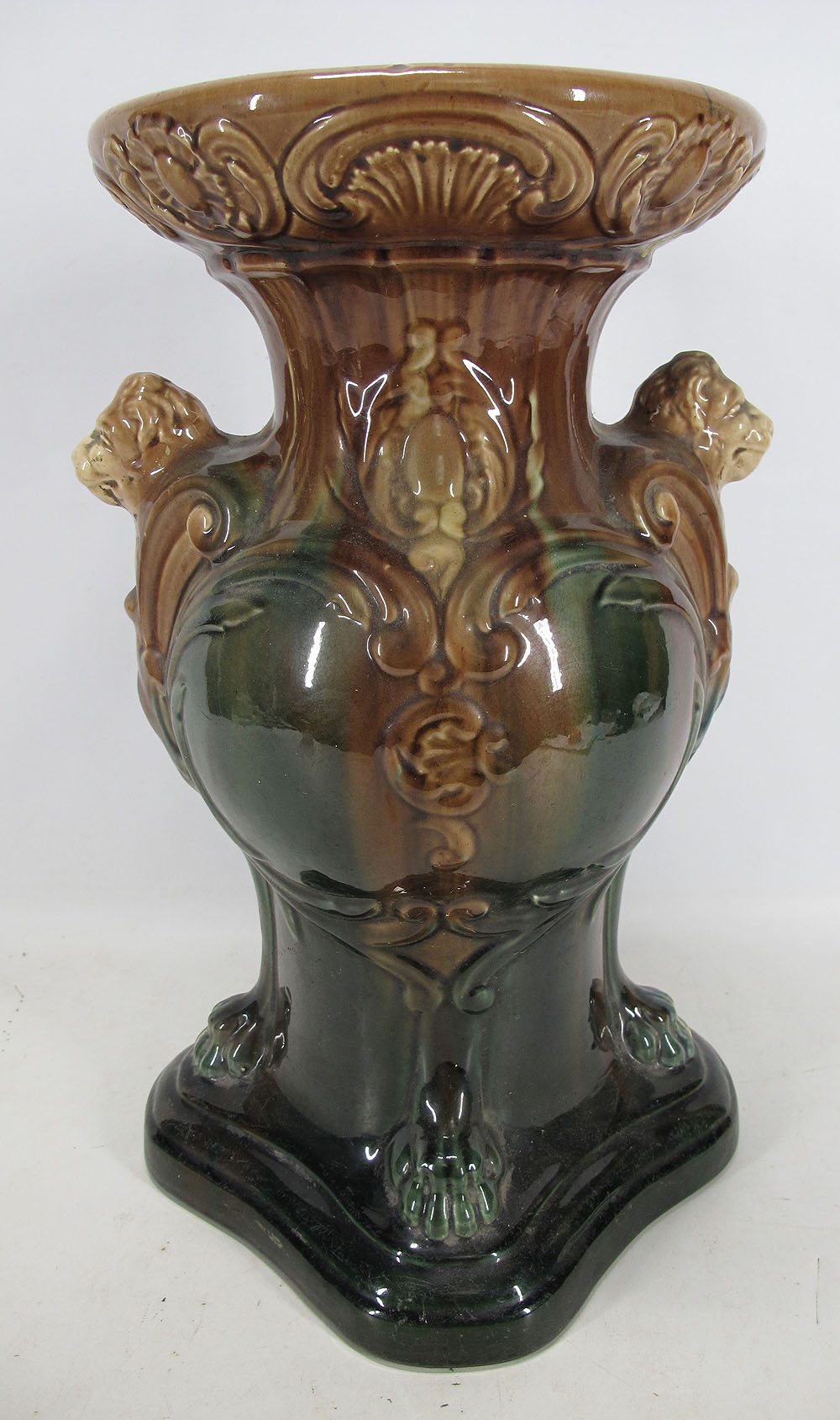 Antique Roseville Pottery Blended Majolica Lion Head Plant Stand